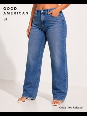 Good American Good 90s Relaxed Denim Jeans Blue Mid Rise Straight Fit Size 15